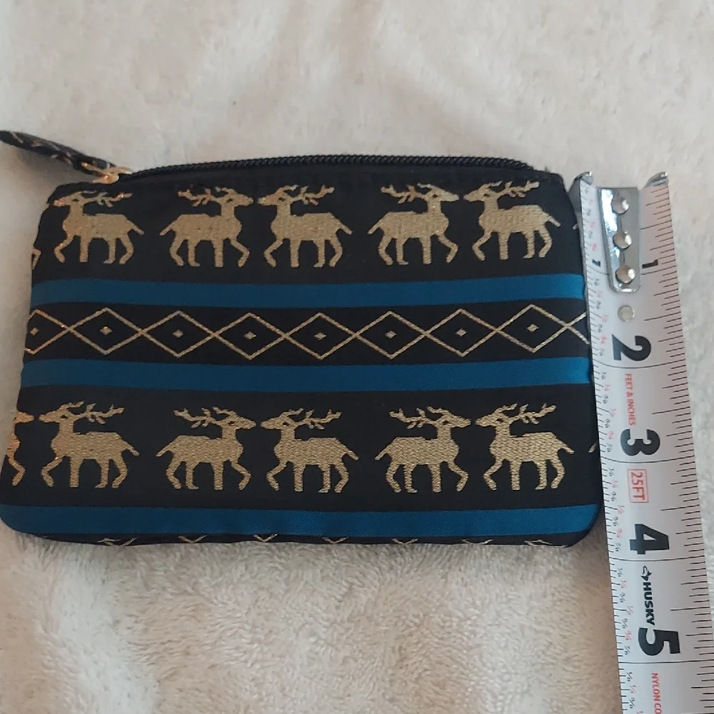 NWOT Black & Gold Reindeer Pattern Mini Pouch / Coin Purse - Christmas / Holiday